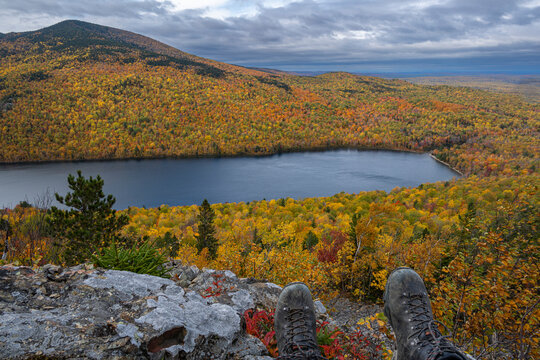 USA, Maine. Fall foliage and view of South Branch Pond from Traveler Mountain, Baxter State Park.