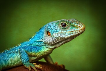 Fototapeta premium A colorful reptile with stunning blue and green scales is shown
