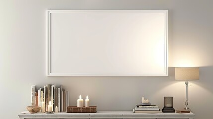 A white rectangular frame mounted in a hallway above a console with books, small candles, and a simple lamp. HD 8K wallpaper mockup Photographic Image