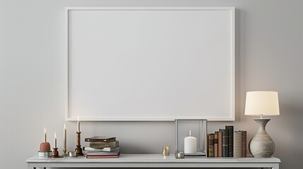 A white rectangular frame mounted in a hallway above a console with books, small candles, and a simple lamp HD 8K wallpaper mockup Photographic Image