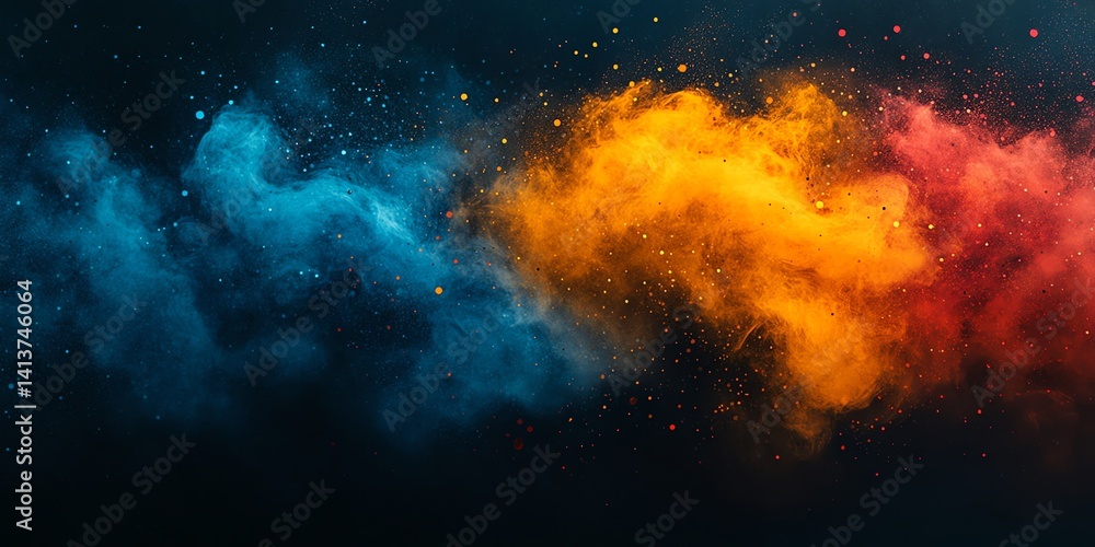 Poster dynamic blue orange and red powder clouds explode against a dark background creating a striking abst