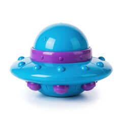 Fototapeta premium A blue and purple plastic toy flying saucer object isolated on white background