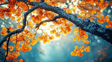 Sunlit autumn leaves on a tree branch.