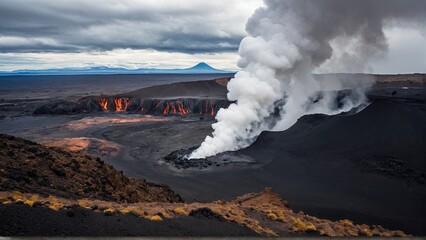 Fiery Depths Unleashed: An active volcano spewing smoke and lava illuminates a desolate and dramatic landscape under a brooding sky.
