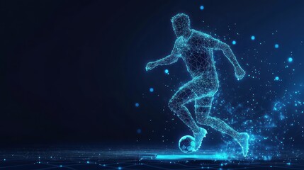 Fototapeta premium Futuristic Soccer Player Dribbling, Glowing, Dark Background, Sports Promotion