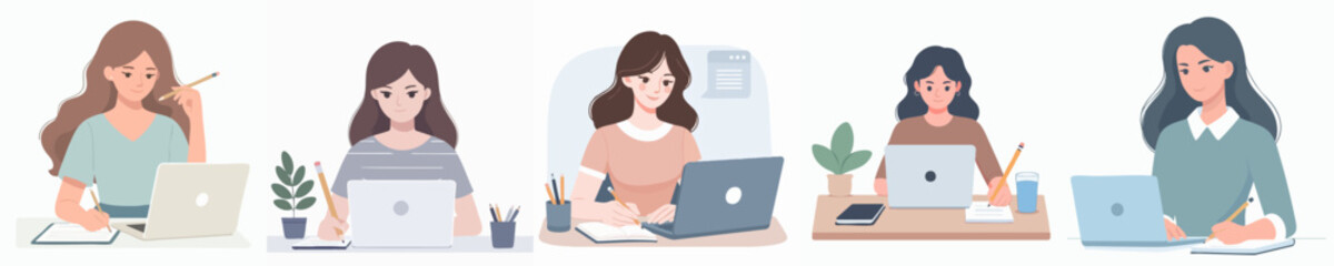 Vector collection of a person working in front of a laptop with enthusiasm