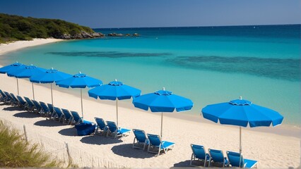Azure Bliss: A Serene Beach Scene with Blue Umbrellas and Turquoise Waters Beckoning Relaxation and Tranquility.