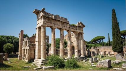 Fototapeta premium Ancient Ruins Stand Proudly Under the Azure Sky, Remnants of a Bygone Era, Surrounded by Lush Greenery.