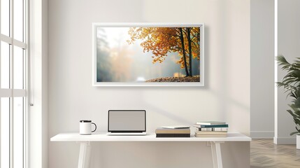 A white rectangular frame mounted in a hallway above a table with a coffee mug, a laptop, and a pile of books HD 8K wallpaper mockup Photographic Image