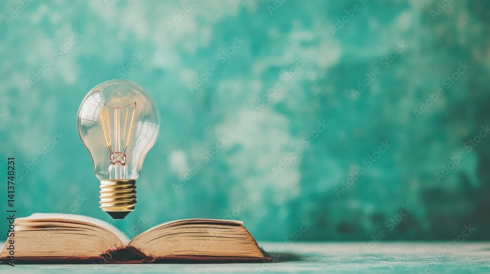 Poster an open book rests on a surface while a glowing light bulb floats above it, symbolizing creativity a
