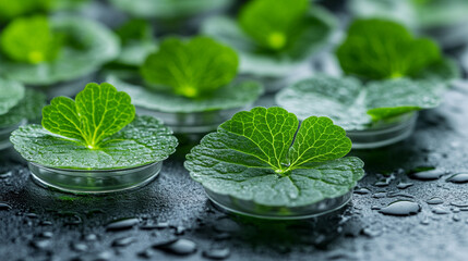 Fresh centella asiatica leaves arranged in clear petri dishes on a bright surface symbolize natural healing modern science and botanical skincare with clean minimalist design and purity

