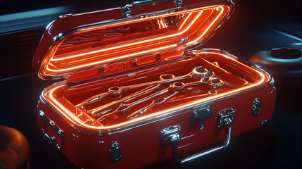Naklejka premium Red metallic toolbox with neon light glowing, showcasing a set of shiny wrenches inside. Perfect for repair, maintenance, or automotive concepts.