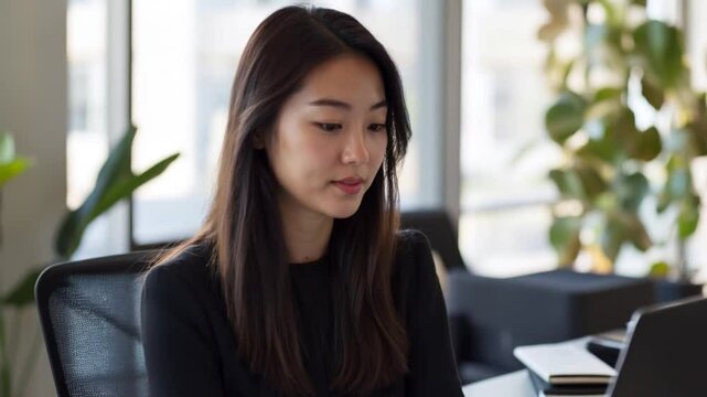 A professional businesswoman concentrates on tasks at her desk in a modern, stylish office space with greenery and natural light.

