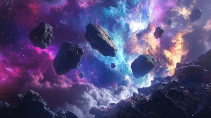 An astronaut floating weightlessly in deep space, surrounded by stars and galaxies, Earth visible in the distance