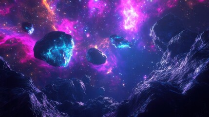 An astronaut floating weightlessly in deep space, surrounded by stars and galaxies, Earth visible in the distance