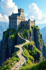 Ancient stone castle perched atop rugged cliffs, winding path leads to entrance, castle, sky, pathway