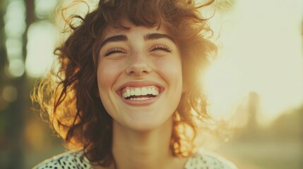 Joyful woman with curly hair smiles brightly as sunlight filters through the trees in a serene park during a late afternoon