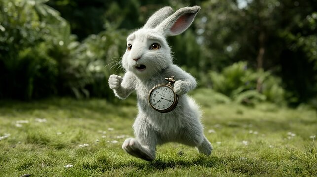 White rabbit scurries with pocket watch in a lush garden.