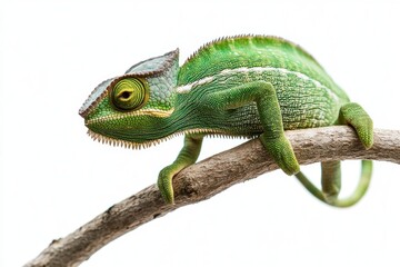 A green chameleon sitting on a wooden branch facing forward