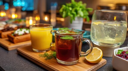 Colorful beverages displayed on a wooden platter with garnishes.