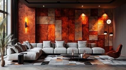 Luxurious modern living room with textured wall, gray sectional sofa, and warm lighting