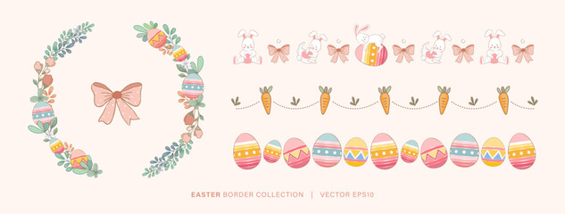 Easter background decoration element set, vector illustration, including Easter eggs, floral border design 