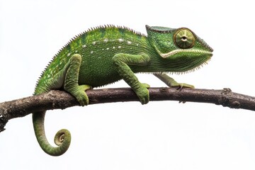 Obraz premium A green chameleon is perched on a brown tree branch