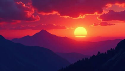 Obraz premium Fiery sunset paints rugged mountain silhouettes against vibrant sky, photography, texture, travel