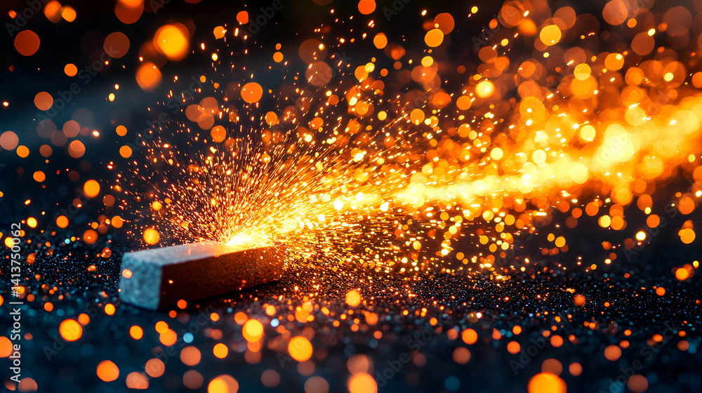 Poster fiery sparks erupt from a metal block, creating a dynamic and dramatic display of light and energy. 
