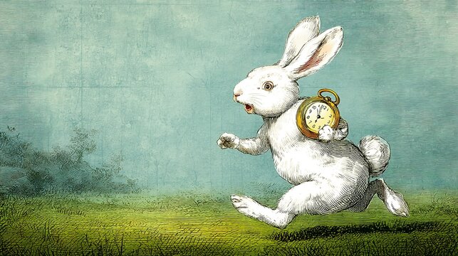 White rabbit scurries with pocket watch, symbolizing time's relentless pace.