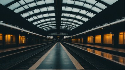 Obraz premium Reflections and Shadows at the Station: A Journey into a Dimly Lit Terminal with Endless Railroad Tracks.