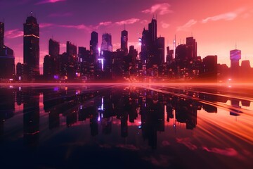 Fototapeta premium This stunning illustration captures the captivating skyline of Hong Kong at sunset. The sun dips below the horizon, casting a warm orange and purple hue over the city's towering skyscrapers