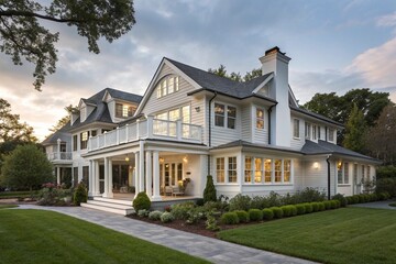 Modern colonial home exterior features a beautiful gray porch with a garden. New England style house with a wall and yard. Exterior view of a house with a porch and balcony.
