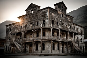 A rustic wooden building with multiple balconies and a mountainous backdrop, illuminated by the sun setting behind it, exuding an old Western vibe.