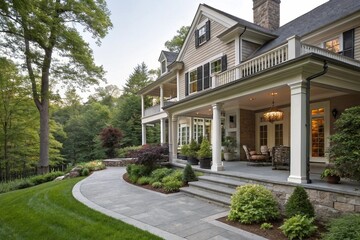Modern colonial home exterior features a beautiful gray porch with a garden. New England style house with a wall and yard. Exterior view of a house with a porch and balcony.