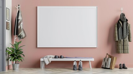 A white rectangular frame mounted in a hallway, surrounded by a coat rack with a scarf, jacket, and shoes  HD 8K wallpaper mockup Photographic Image