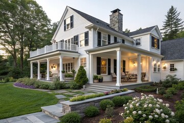 Modern colonial home exterior features a beautiful gray porch with a garden. New England style house with a wall and yard. Exterior view of a house with a porch and balcony.