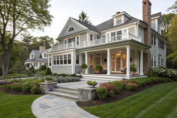 Modern colonial home exterior features a beautiful gray porch with a garden. New England style house with a wall and yard. Exterior view of a house with a porch and balcony.