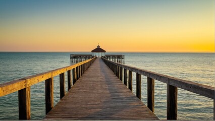 Obraz premium Peaceful Serenity: A Wooden Pier Extends into Calm Waters Under a Golden Sky at Dawn or Dusk.