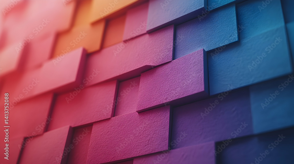 Poster abstract background of colorful overlapping blocks, gradient hues of pink, purple, and blue, creatin