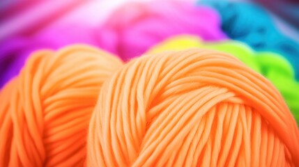 Colorful yarn balls are artfully arranged, showcasing shades of orange, pink, yellow, and green at a lively craft fair event