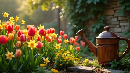 Tranquil Garden Scene with Tulips, Daffodils, and a Rustic Watering Can
