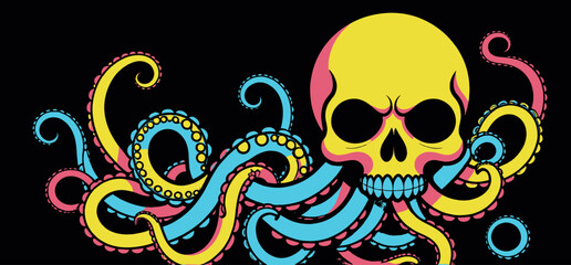 Colorful Skull Octopus Illustration_Vibrant Graphic Art with Tentacles_Unique Design for Posters and Prints_Bold and Eye Catching Artwork_Modern Skull Illustration
