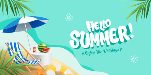 Hello summer holiday beach vacation theme horizontal banner. Summer greeting or travel poster