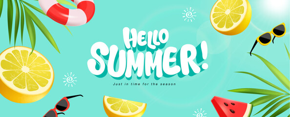 Hello Summer with watermelon, swimming ring, sunglass, starfish, beach ball and soda . Art and craft style. Use for ads, banner, poster, card, cover, stickers, badges, illustration design