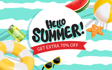 Hello Summer sale with watermelon, swimming ring, sunglass, starfish, beach ball and soda . Art and craft style. Use for ads, banner, poster, card, cover, stickers, badges, illustration design