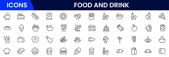 Vector illustration web line icon collection featuring food and drink elements—fruits, vegetables, beverages, utensils, meals, snacks, cooking tools, and dining essentials in minimalist style.