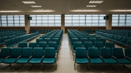 Naklejka premium Rows of Teal Chairs Fill a Large Waiting Room Under Fluorescent Lights and a Wall of Windows on a Cloudy Day.