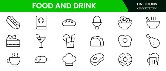 Vector illustration web line icon collection featuring food and drink elements—fruits, vegetables, beverages, utensils, meals, snacks, cooking tools, and dining essentials in minimalist style.
