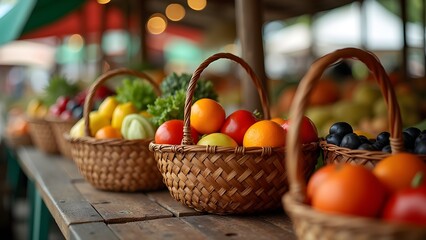 Fresh produce in baskets at farmers market with oranges, tomatoes, apples, lettuce, zucchini and grapes